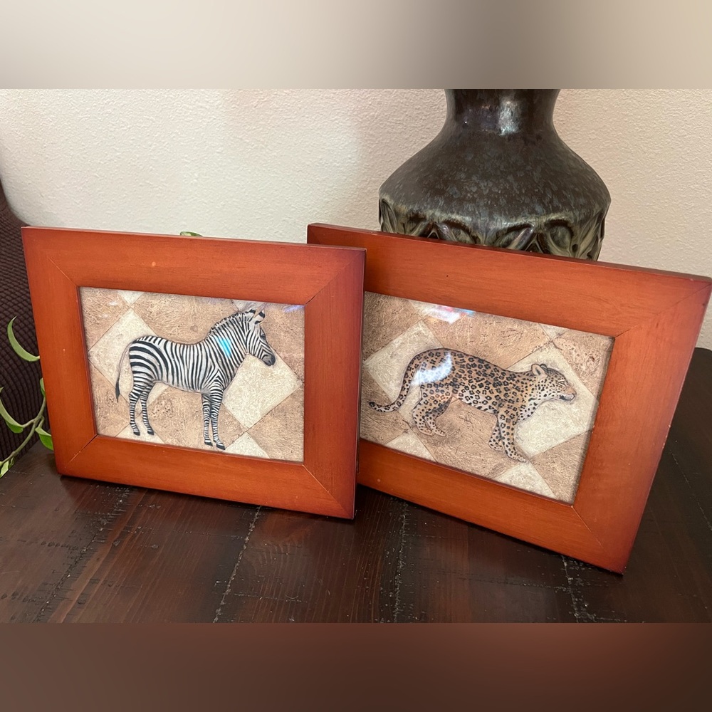 🦓 Set of 2 Safari Animal Framed Wall Art – Zebra & Leopard – Wood Frames 10x8